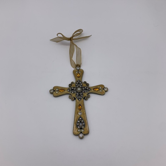 Gorgeous Vtg. Amber Gold Glitter Bronze Tone Metal Jeweled Cross Ornament - Picture 3 of 7